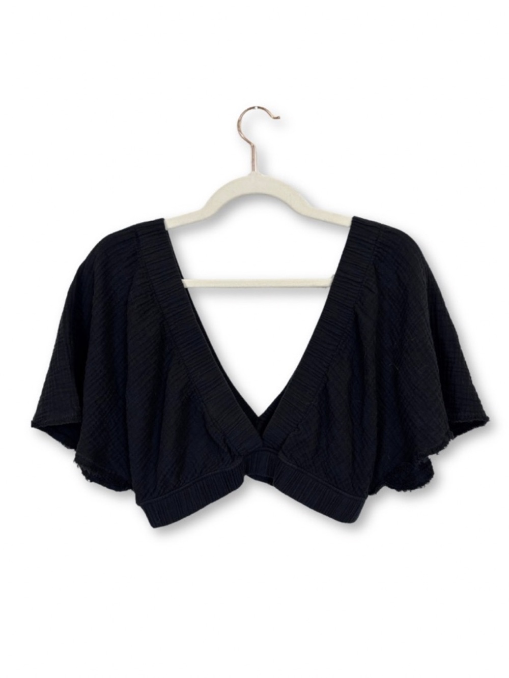 aerie Black Cropped V-Neck Flutter Sleeve Top